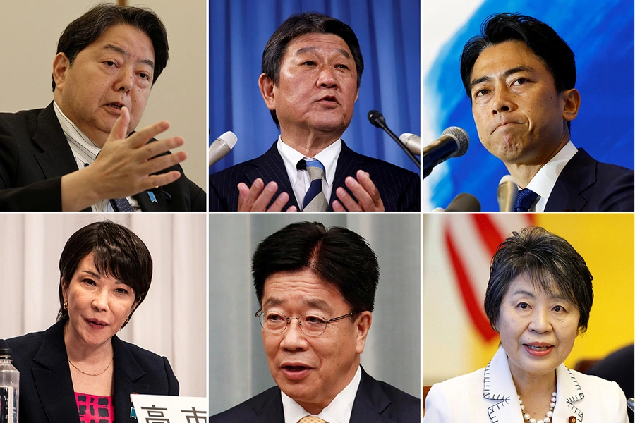 Top Row: Hayashi Yoshimasa, Motegi Toshimitsu, Koizumi Shinjiro Bottom Row: Takaichi Sanae, Kato Katsunobu, Kamikawa Yoko