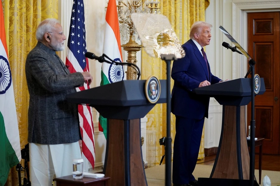 President Donald Trump and Indian Prime Minister Narendra Modi address members of the press after their joint meeting on February 13, 2025.