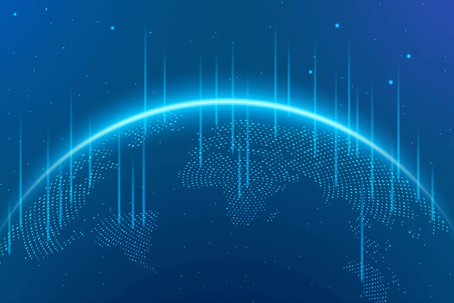 Image of blue globe with beams of light representing energy