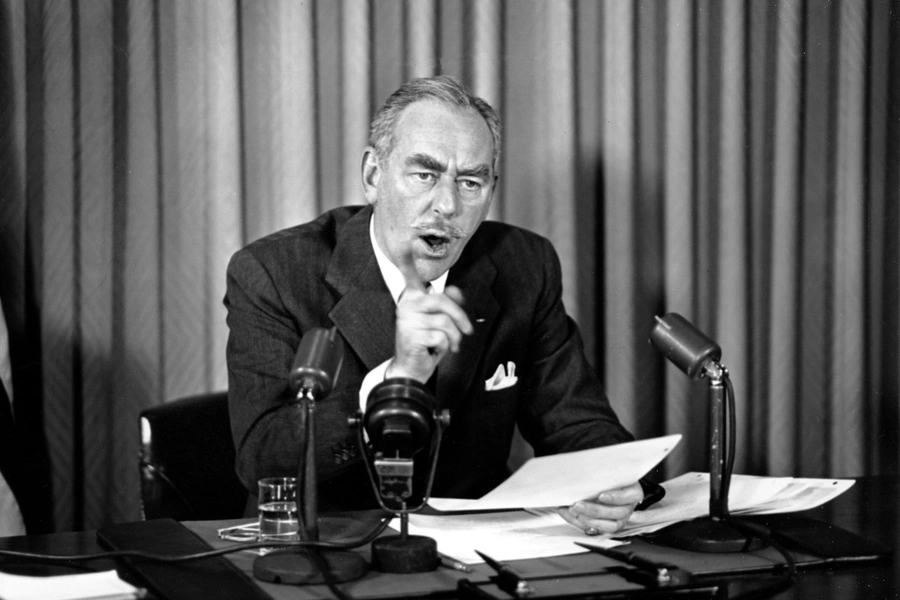 Secretary of State Dean Acheson speaks from the State Department in Washington on November 29, 1950.