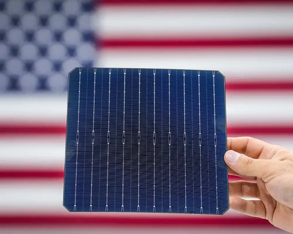 A photovoltaic cell is shown at Elin Energys solar panel manufacturing facility.