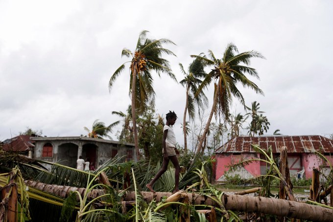 A girl walks on a tree damaged by Hurricane Matthew in Les Cayes, Haiti